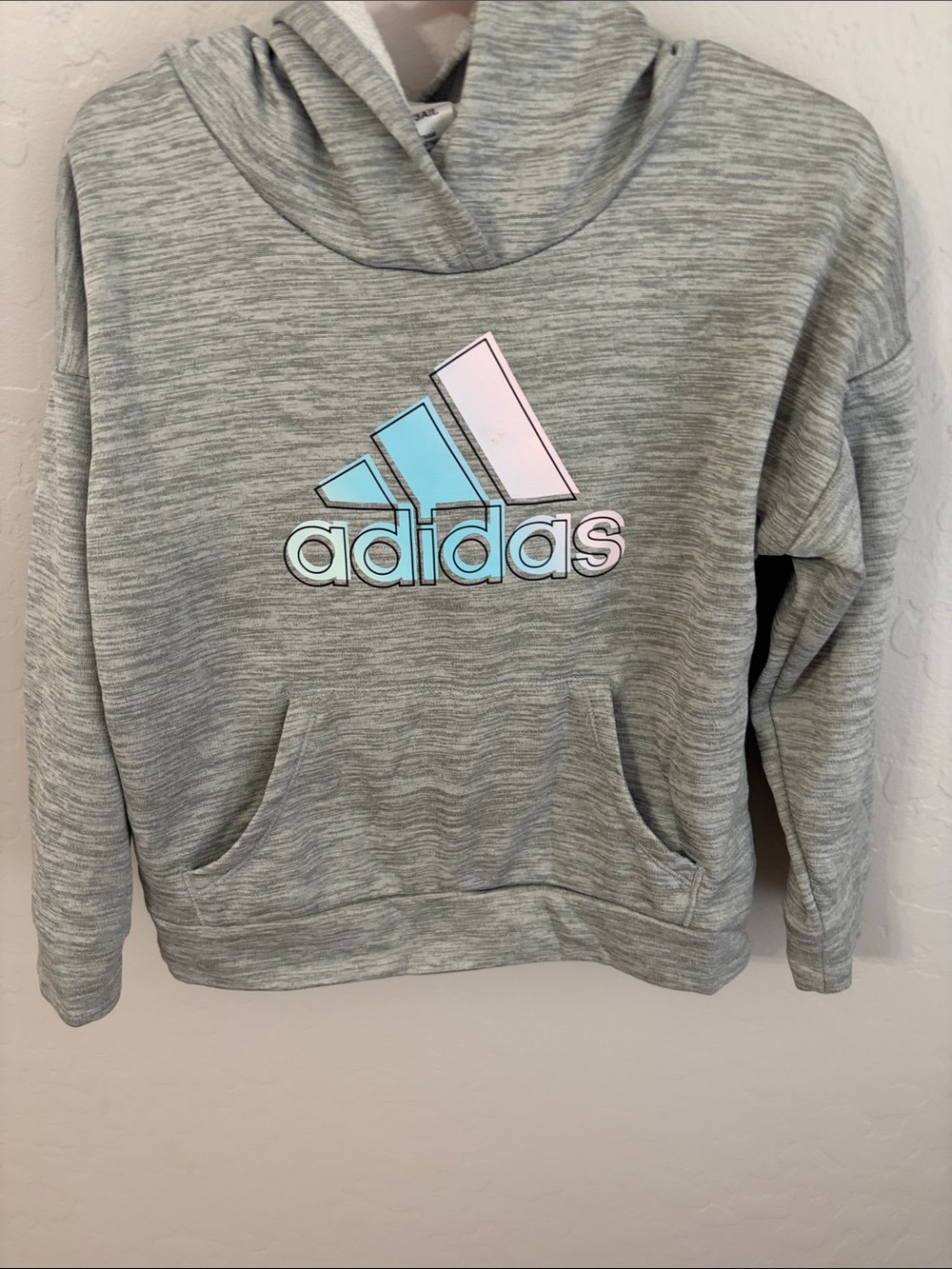 adidas Heather Gray Hoodie with Iridescent Blue and Pink Logo
